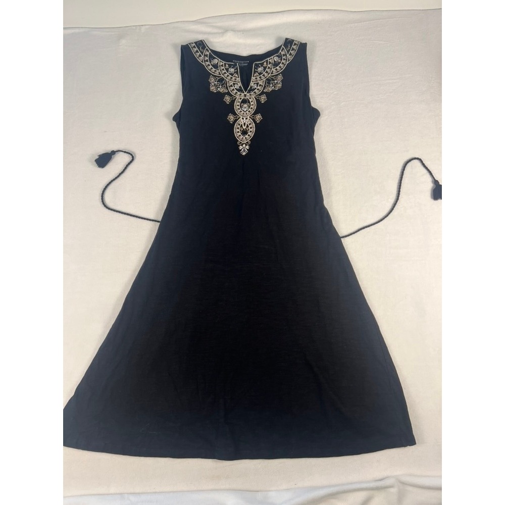 Med‎ Black Cotton Slub Shift Dress Embroidered Tassel Tie Boho Lagenlook Resort